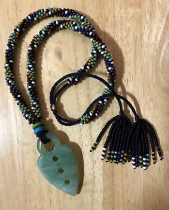 7-color w/Reverse Spiral, hand-beaded and woven Kumihimo necklace w/stone focal *adjustable 24”-36”